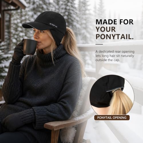 Women's Water-Repellent Winter Ponytail Baseball Cap with Fleece Ear Flaps - Medium-Large, Black | TOP-EX