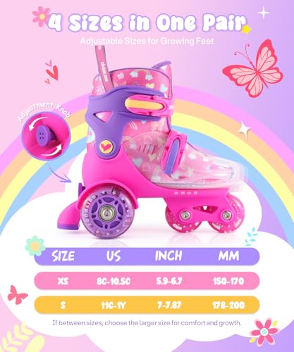 ZOOBLISS Butterfly Pink Kids Adjustable Light-Up Roller Skates (S-small, 11c-1y US) 4 Sizes