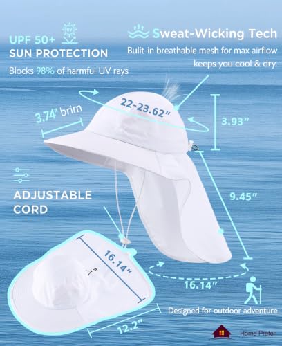 Home Prefer UPF 50+ Sun Hat for Men & Women with Neck Flap, Wide Brim, White