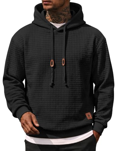 COOFANDY Men's Hooded Sweatshirt Large Black Casual Long Sleeve Waffle Knit Pullover