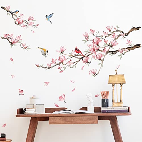 decalmile Magnolia Flowers Tree Branch Wall Decals Pink Floral Blossom Birds Wall Art Stickers Girls Bedroom Living Room TV Sofa Decor