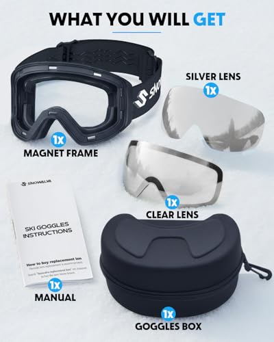 Ski Goggles with UV400 Anti-Fog Magnetic Lenses - Silver + Clear