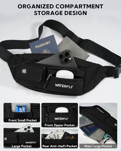 WATERFLY Black Small Crossbody Fanny Pack Slim Waist Bag Chest Pouch