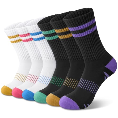 Compression Crew Socks for Women - 6 Pairs, White & Black