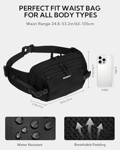 WATERFLY Black RFID Anti-Theft Fanny Pack Waist Bag 3L Travel Organizer