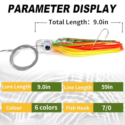 YOTO 9in 6pcs Trolling Lure Kit — Saltwater Deep Sea Skirted Lures for Tuna Marlin Wahoo