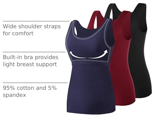 AMVELOP Women's Tank Tops with Built-in Bra 3-Pack XX-Large Black, Wine Red, Dark Blue