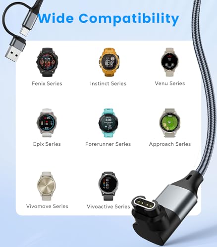 2-in-1 Smartwatch Charging Cable for Garmin, 3.3ft USB-C & USB-A - Grey