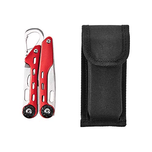 Amazon Basics 10-in-1 Stainless Steel Multitool with Red Aluminum Frame - Pliers, Wire Cutter, Knife, Saw, Screwdrivers, Bottle Opener, Carabiner (10-in-1, Red)