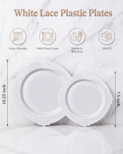 Morejoy White Plastic Plates Disposable 100pcs Set – 50 x 10.25'' Dinner + 50 x 7.5'' Dessert, White Elegent Package