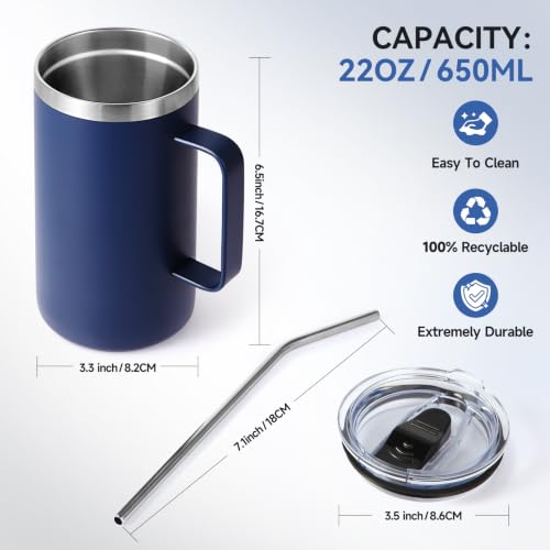 Volhoply 22oz Insulated Stainless Steel Travel Coffee Mug with Handle - Navy, Leakproof Lid, Reusable Tumbler for Hot & Cold Drinks, Bulk 2 Pack