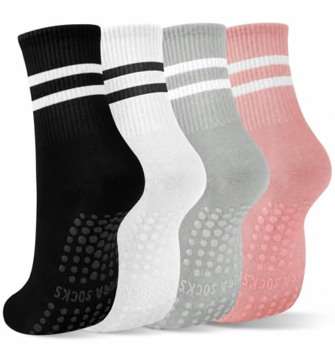 Grippy Pilates Socks for Women - Non-Slip Crew Socks - Black/Pink/White/Gray