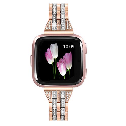 Mtozon Rhinestone Metal Replacement Band for Fitbit Versa 2/Versa Lite, Copper Gold with Silver