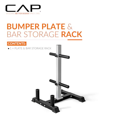 Heavy-Duty Olympic Bumper Plate Storage Rack with Barbell Holders - 4-Plate Posts / 2 Bar Holders / Gray