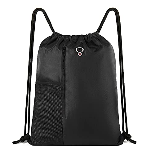 Large Black Drawstring Gym Bag with Water Bottle Mesh Pockets