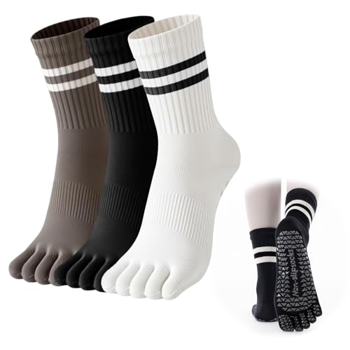 WOKNOW Pilates Socks with Grips for Women, 3 Pairs Toe Socks Five-Finger Non-Slip (Black, Milk White, Gray)