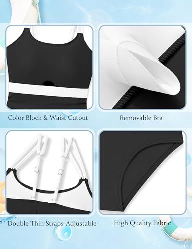 Girls One-Piece Color Block Swimsuit with Cutout - Black, 11-12 Years