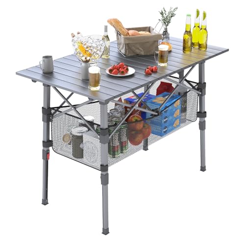ARMOR CASTLE Adjustable Height Portable Camping Table with Storage Basket - Black, 37" Medium