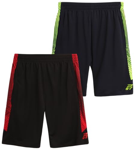 Boys Athletic Shorts - 2 Pack Quick Dry Basketball Gym Shorts with Pockets - Navy Neon/Black Red