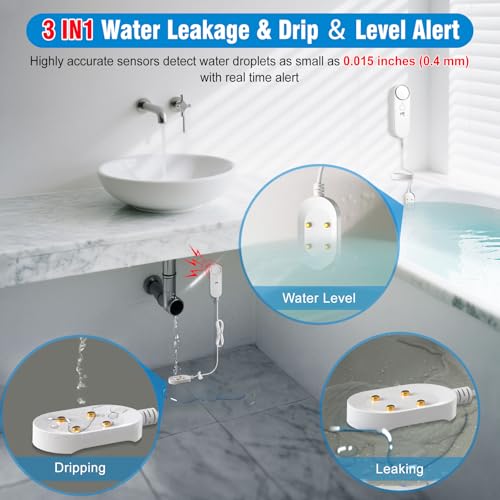 Daytech 3in1 Water Alarm for Basements with 6.5ft Detection Cable Water Sensor for Bathroom Water Leak Detectors for Home RV Kitchen Sump Pump Alarm for Water Heater Washing Machine Sink (2 Pack)