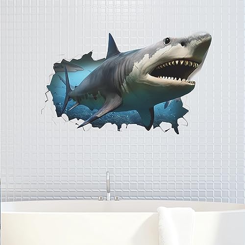 Broken Wall Fierce Shark Wall Stickers, sacinora Cartoon Sea Animal Wall Decals Removable Vinyl Peel and Stick for Kids Boy Living Room Bedroom Children's Room Bathroom Sofa TV Background Decorations