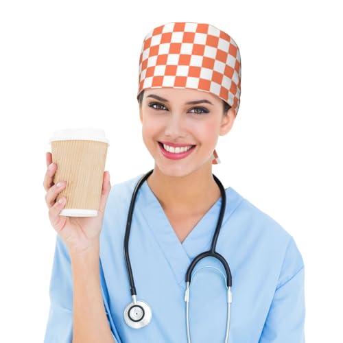 Checkerboard Scrub Cap for Women & Men - White Orange Squares