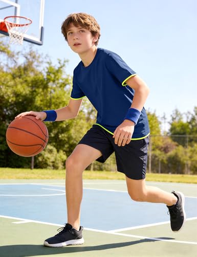 Boys Athletic Shirt - Moisture Wicking Short Sleeve Tee, 7-8 Years / Navy
