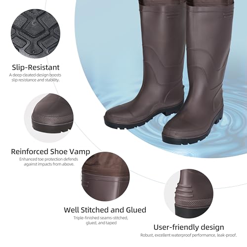PROBITE 210D Nylon Waterproof Chest Waders with Boots, M8/W10, Brown