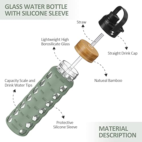 MUKOKO 24oz Glass Water Bottle with Olive Silicone Sleeve & Dual Lids
