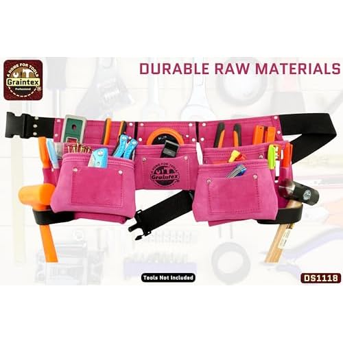 Graintex DS1118 8 Pocket Pink Tool Belt in Suede Leather with 2¡± Webbing Belt, 2 Leather Hammer Holders Loops