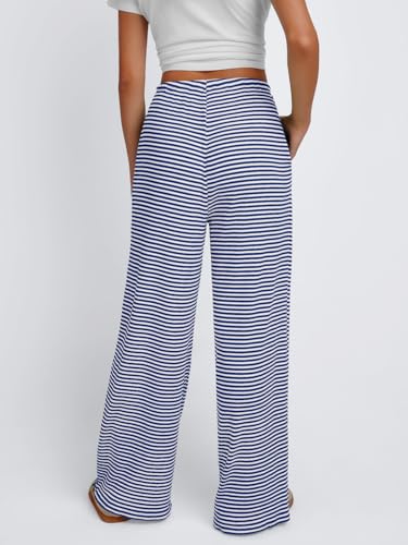Trendy Queen Women’s Blue White Striped Wide Leg Pants Medium Fall Casual Baggy Sweatpants