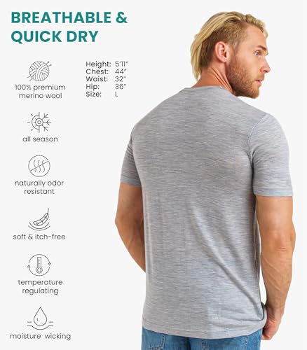 100% Merino Wool Short Sleeve T-Shirt for Men - Lightweight, Breathable Base Layer