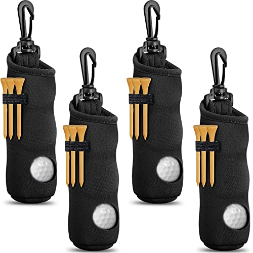 Black Golf Tee Holder & Ball Carry Bag Pouch Set - Simple Design, 4 Pieces with Keychain & Belt Clip