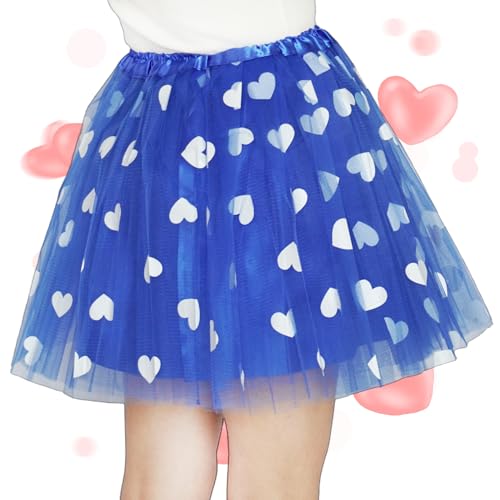 4-Layered Adult Tulle Tutu Skirt with Heart Pattern - Blue, Large