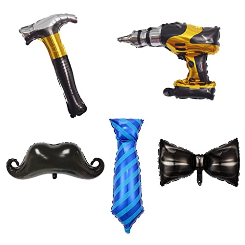 Blue Tie, Black Bow Tie, Beard, Electric Screwdriver Drill Hammer Balloon Set 17 inches each Balloon Decoration for Father's Day Party for Dad, Husband and boy friend Birthday Party(5 pcs)