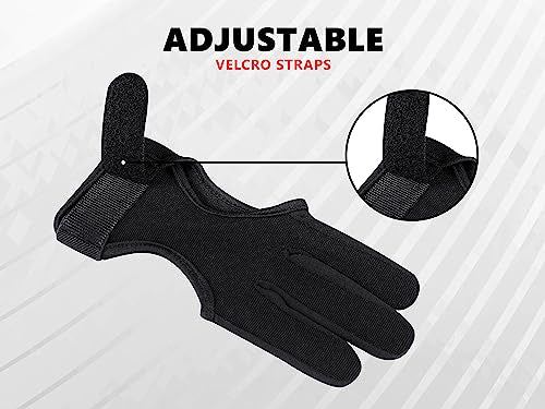 Genuine Leather 3 Finger Archery Glove - Black 4-Way Stretch Fabric, Medium