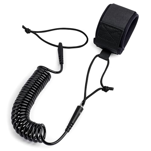 10 ft Coiled SUP Leash - Durable Anti-Slip Paddle Board Strap - Black Lite