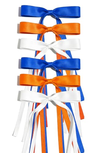 Handmade Blue, Orange & White Hair Bow Clips - Set of 6