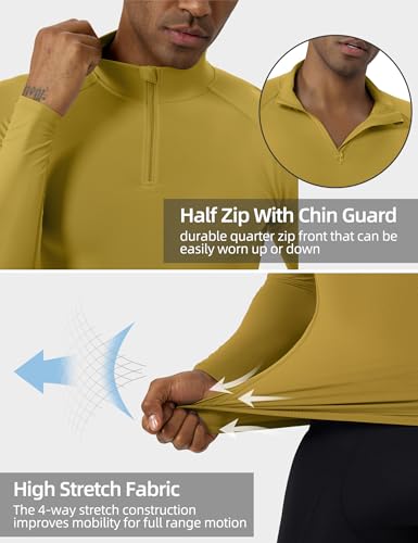 Men's Quarter Zip Workout Pullover - Dry Fit Long Sleeve Compression Tee - Turmeric, Medium