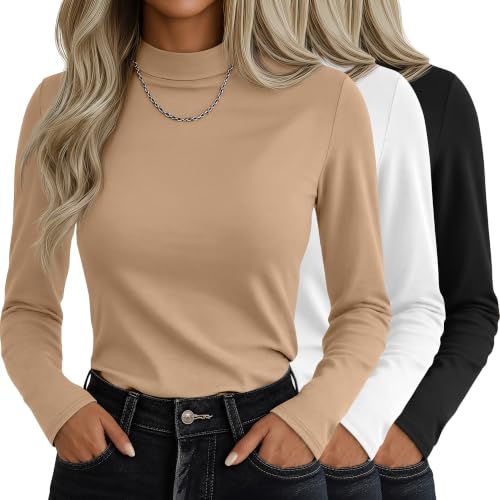 Ficerd 3-Pack Women Mock Turtleneck Tops, Long Sleeve XS-XXL (X-Large) Black White Mocha