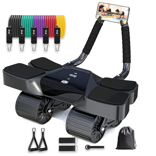4-Wheel Ab Roller Home Gym Set with Resistance Bands - Black 13-In-1