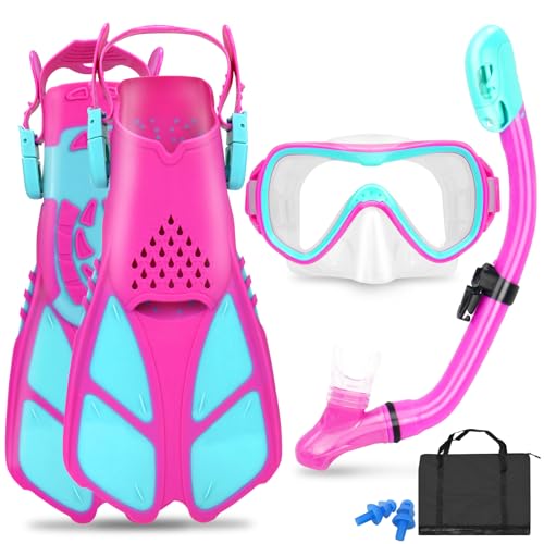 Purple Kids Snorkel Set with Mask Fins & Mesh Bag - Ages 5-14, Adjustable Fins & Dry Top Snorkel