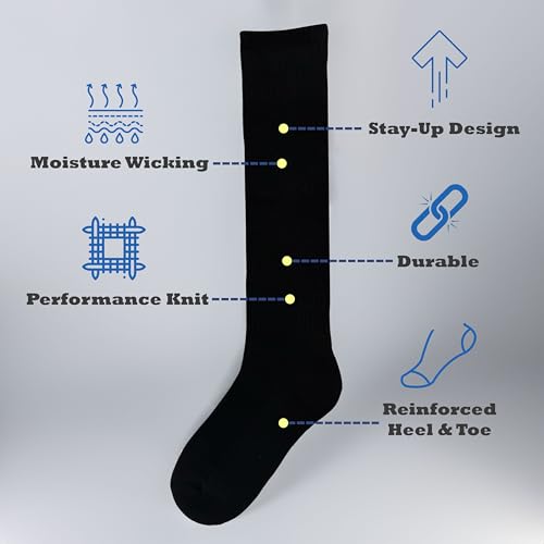 Athletic Knee High Sports Socks - 3 Pairs for Soccer & Baseball - Large Black
