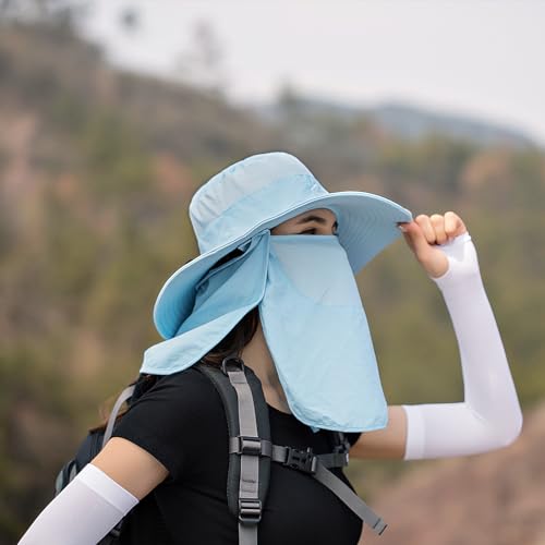 Wide Brim Fishing Hat for Men & Women - Blue with Face Cover & Neck Flap - UPF 50+