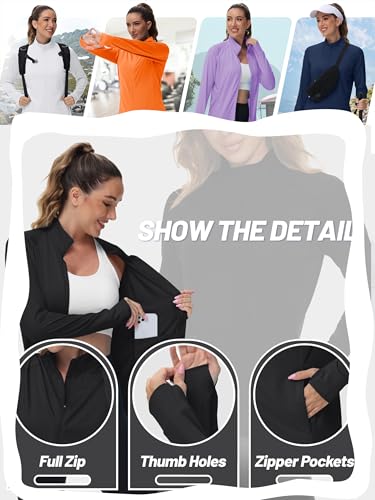 Lightweight Women's Athletic Jacket - UPF 50+ Long Sleeve - X-Large Black
