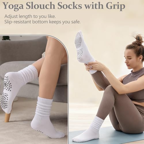 Slouchy Pilates Socks with Grips - 4 Pairs - White, Black, Gray, Off White
