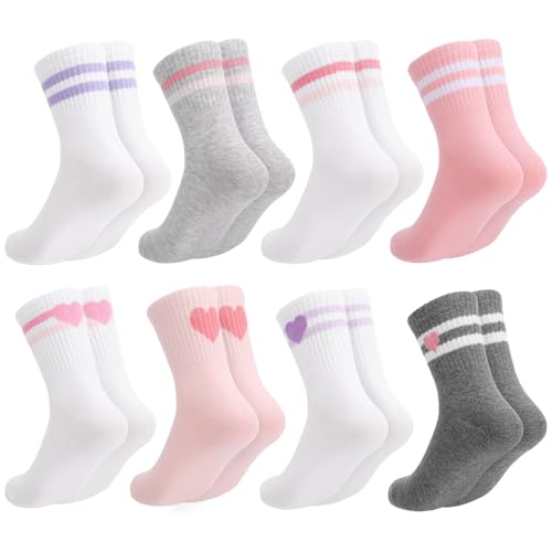 Girls Mid Calf Socks - 8 Pairs Heart & Striped, 9-12 Years