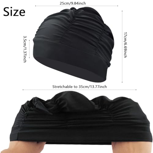 Colorful Pleated Nylon Swim Cap for Long Hair - Black