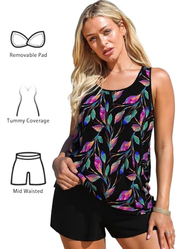 MODLILY 2-Piece Tankini Swimsuits for Women with Tropical Plants, X-Large Black