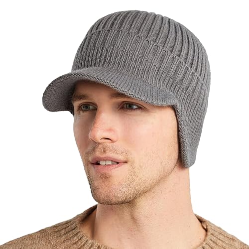 Men's Winter Knitted Baseball Beanie with Earflaps - Grey